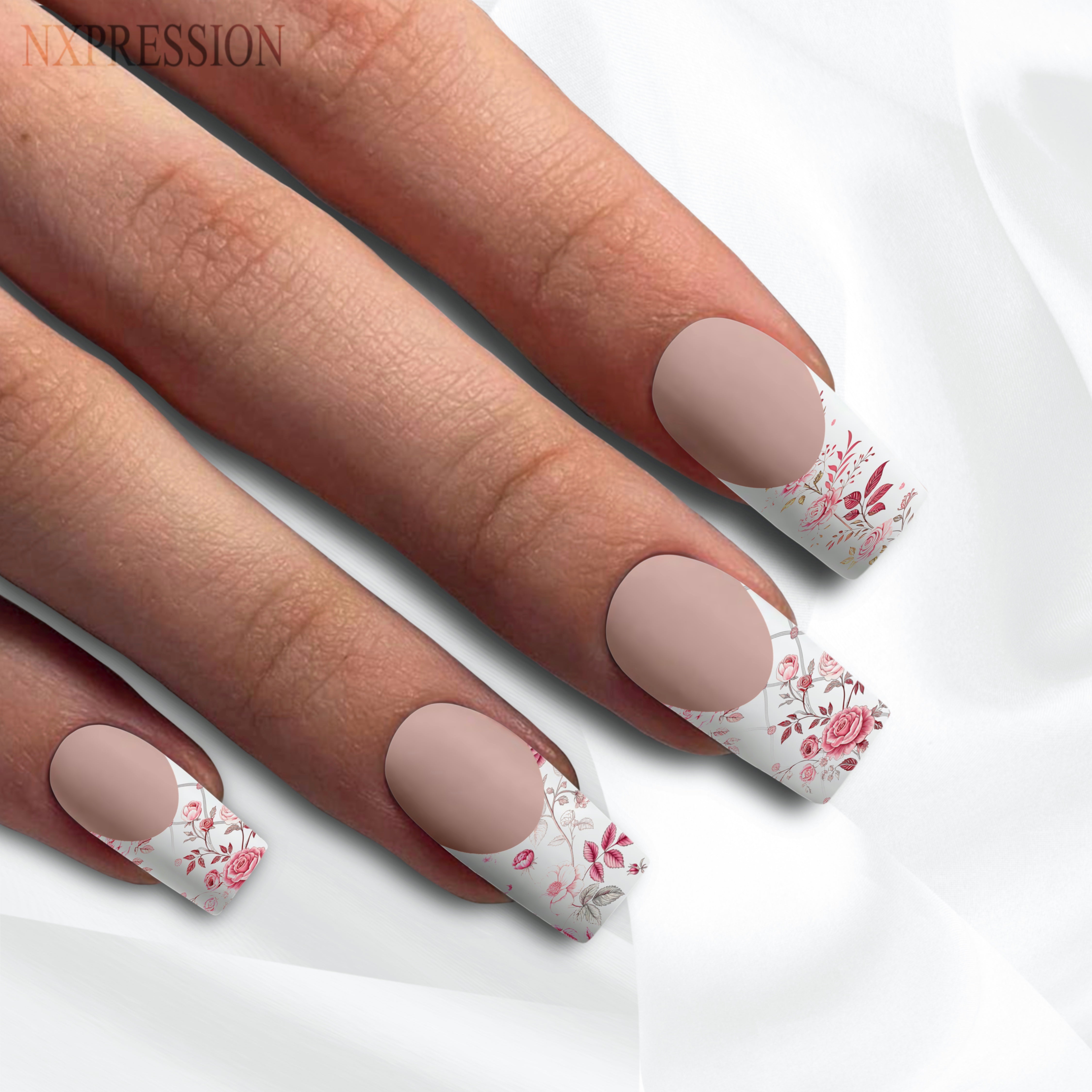 French Ombré Pink Floral Toile De Jouy Nail Wraps