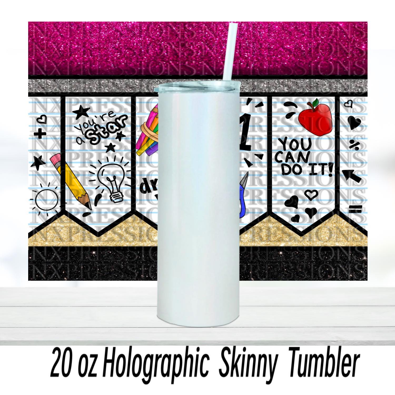 Teacher Pencil Tumbler: 20oz Glitter Holographic School Gift
