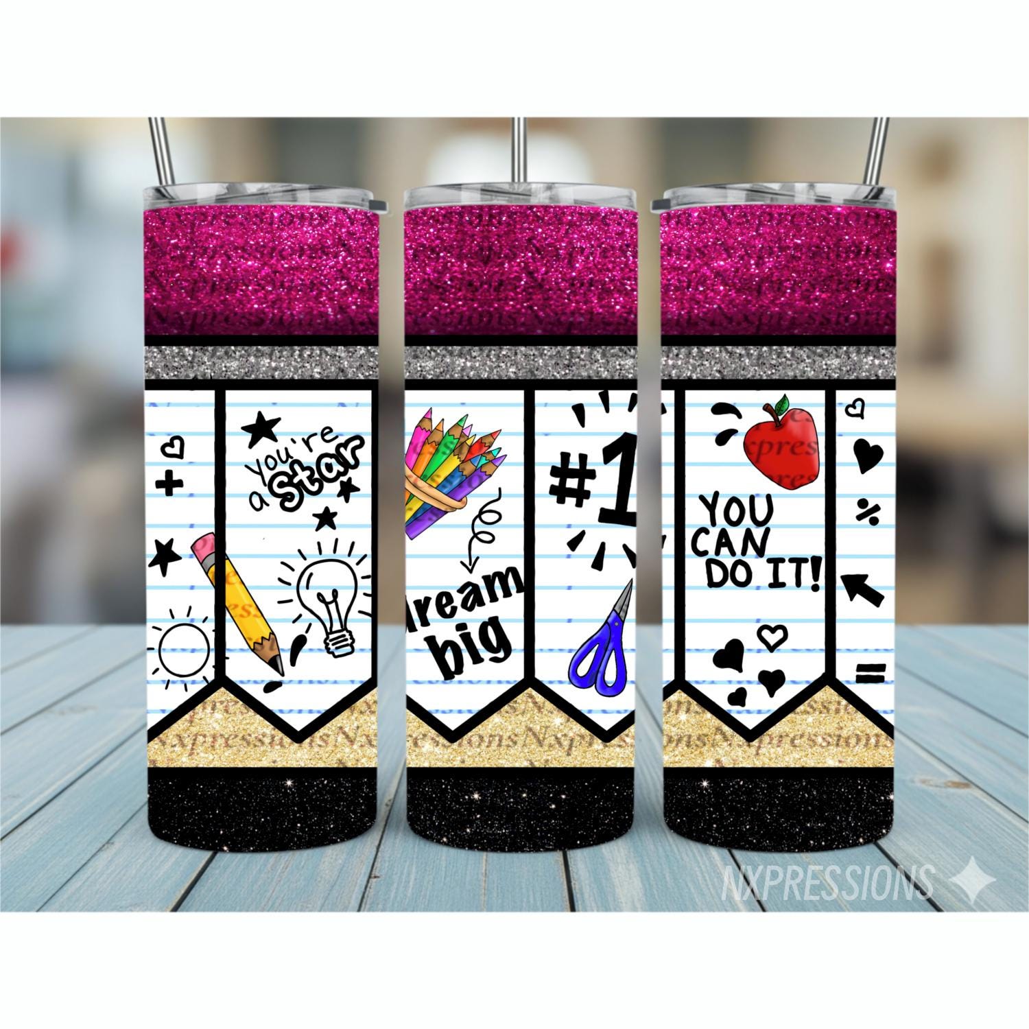 Teacher Pencil Tumbler: 20oz Glitter Holographic School Gift