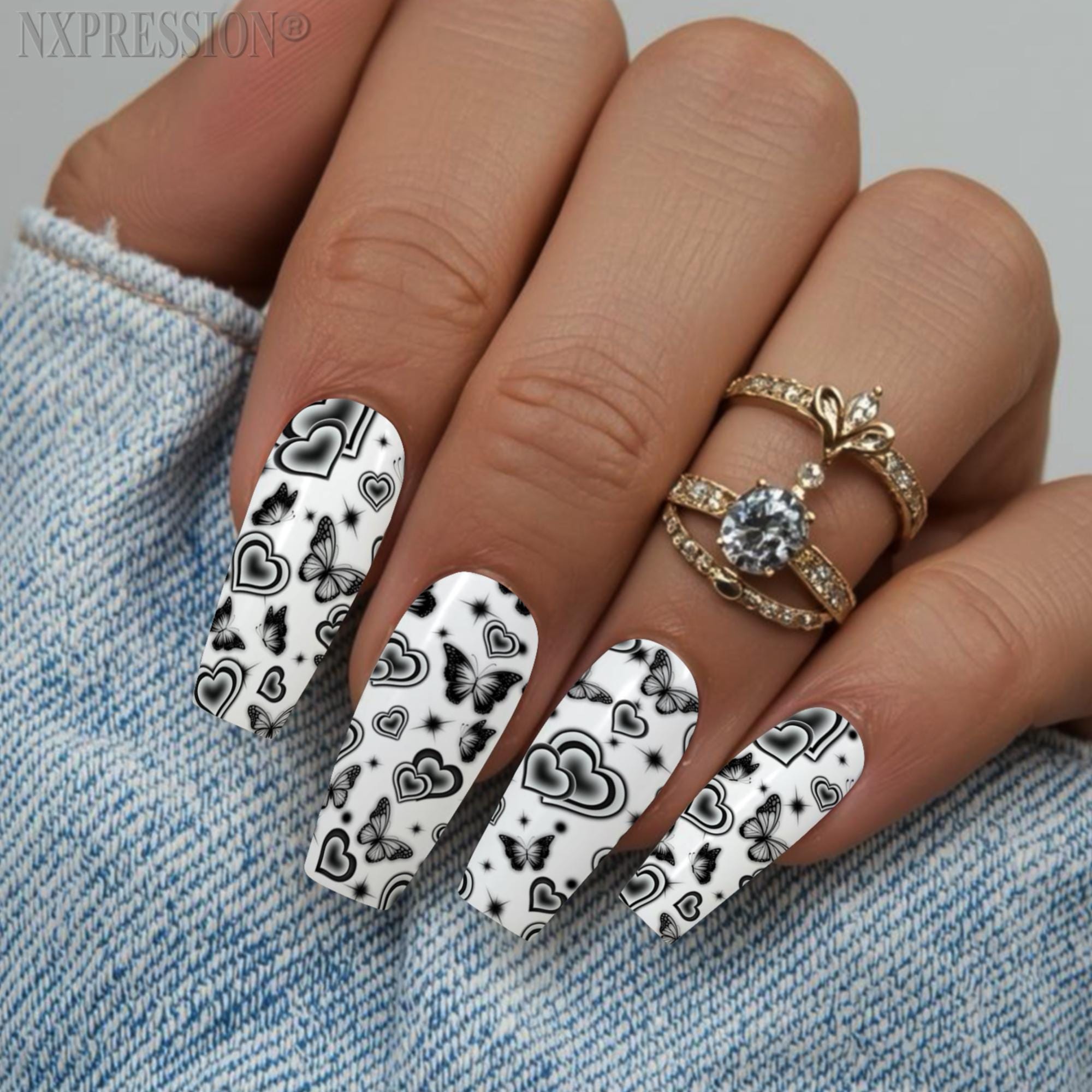 Monochrome Hearts & Butterfly Nail Wraps | Water Transfer Nail Decals