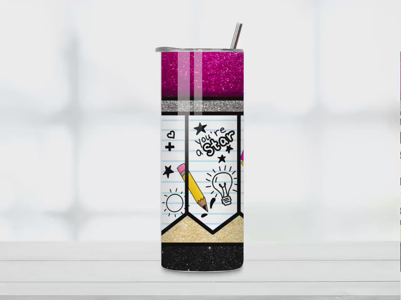 Teacher Pencil Tumbler: 20oz Glitter Holographic School Gift